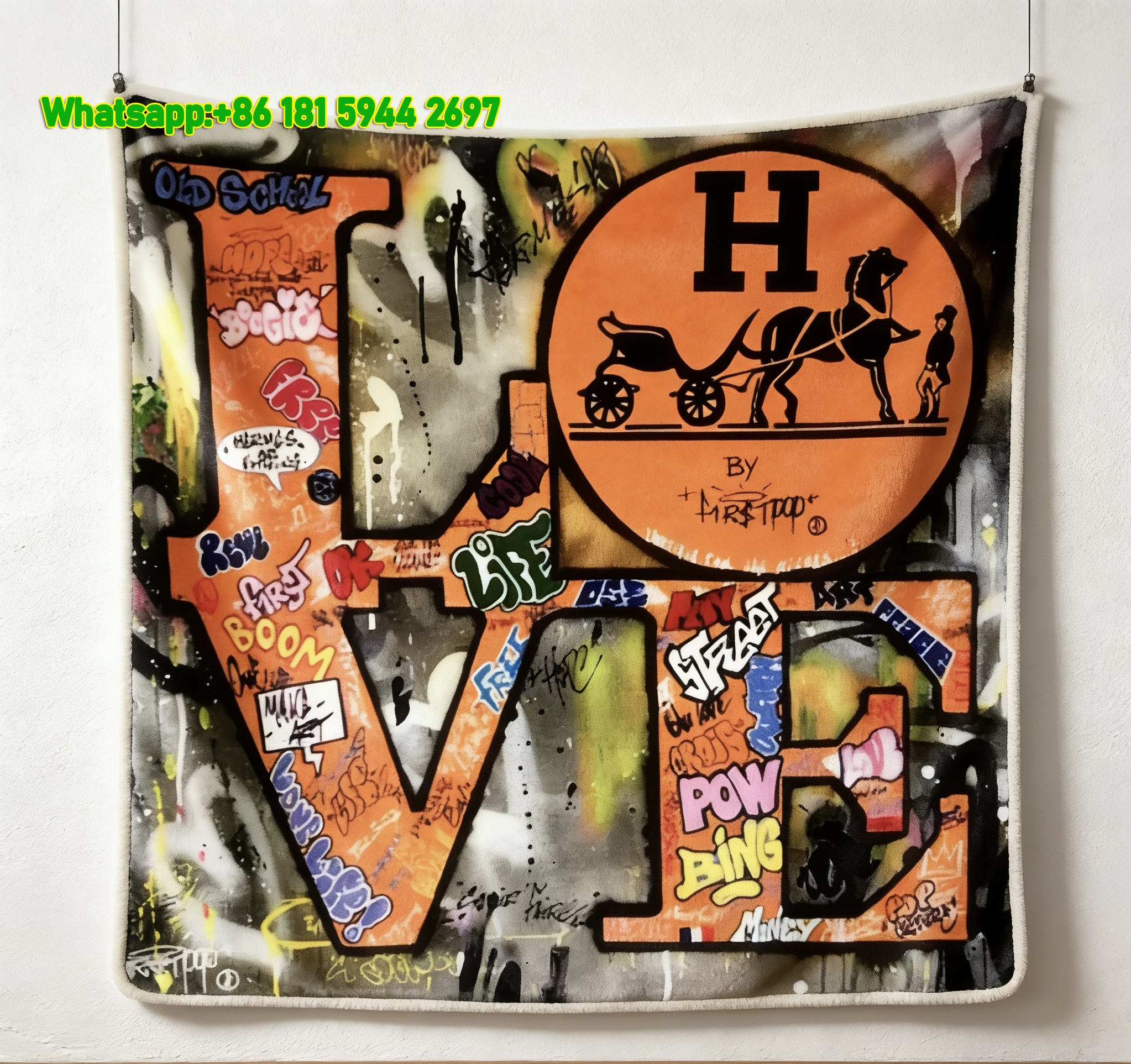 Hermes Graffiti LOVE & Horse Carriage Flannel Throw Blanket IMG_5483